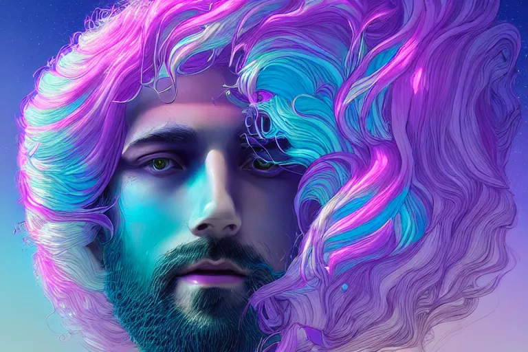 Prompt: cell shaded, muted vaporwave ombre. double exposure, replicant druid of creativity, flowing hair, beautiful character fashion design, by josan gonzalez, shag, nagel, and paul lehr and david heskin and seb mckinnon and jared s. merantz and alex grey, hi - fructose, 8 k, digital matte painting