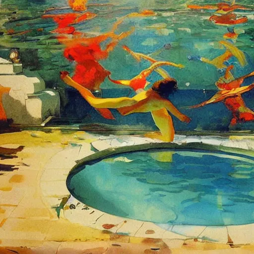 Prompt: A installation art of a swimming pool with a big splash in the center. The colors are very bright and the installation art is very eye-catching. in India by Anders Zorn expressive
