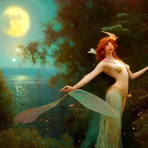 Image similar to attractive fairy magically floating high in the night, fantasy, full moon in background. highly detailed painting by gaston bussiere, craig mullins, j. c. leyendecker, mid shot, 8 k realistic, cryengine, frostbite 3 engine, sharp focus