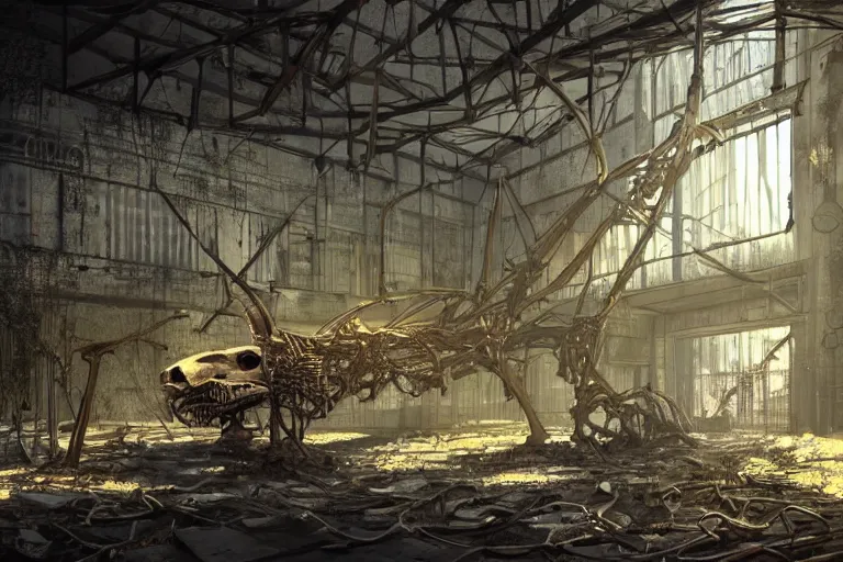 Prompt: a rusty metal skeleton in the interior of an old abandoned sci - fi hangar an old oak tree grows inside the courtyard golden rays of sunlight enter through the window gold neon lights digital art trending artstation
