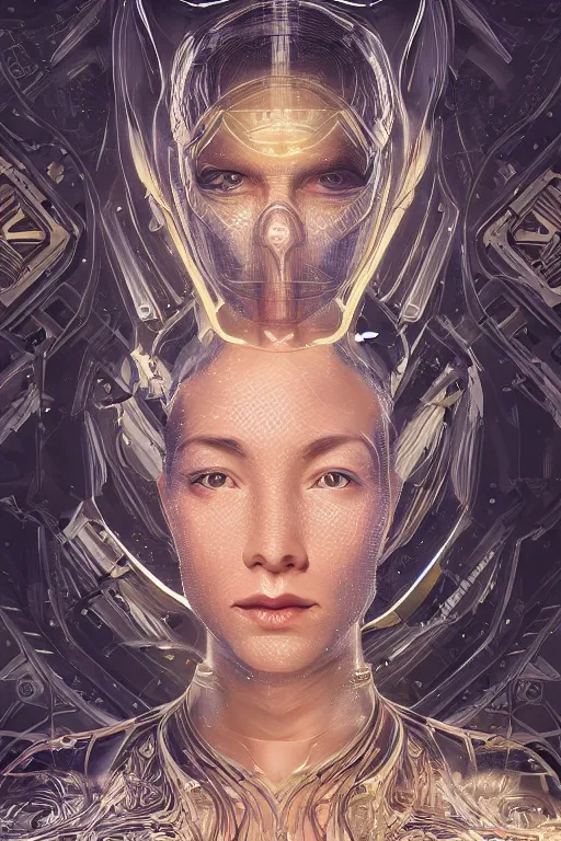 Image similar to portrait of a space cyborg, 3d, third person, lasers, cosmic background, fantasy, intricate, elegant, highly detailed, lifelike, photorealistic, digital painting, artstation, illustration, concept art, sharp focus, art in the style of art nouveau