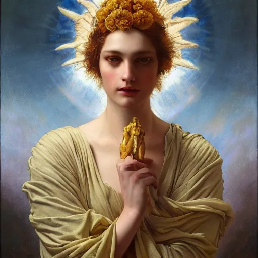 Image similar to highly detailed oil painting | very intricate | cinematic lighting | award - winning | the beautiful angel of the sun wearing a flowing toga | by roberto ferri, by tom bagshaw, by j. c. leyendecker and klimt, beautiful cinematic light, american romanticism, by austin osman spare, artstation, cgsociety, official art, octane