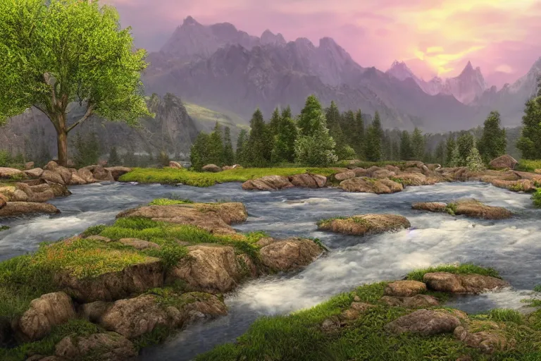 Image similar to A flowery meadow with a large tree in the left and a river on the right with rocky sides, a wooden bridge on the right and realistic mountains in the background, a slightly overcast sky at sunrise. ultra realistic, matte painting, concept art, 4k, trending on artstation, octane render, wide lens.