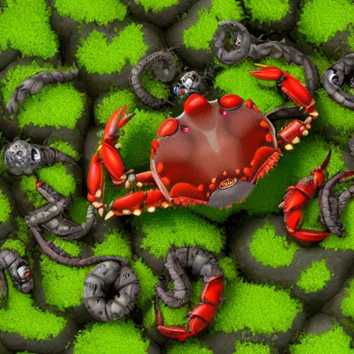 Prompt: voidless of the festival!, large group of crabs and worms, crawling along a bed of moss, low poly, creeper world, handcrafted, artstation, hyperrealistic, hard light, best practices, creeptastic, photorealism, macro perspective, cuddly