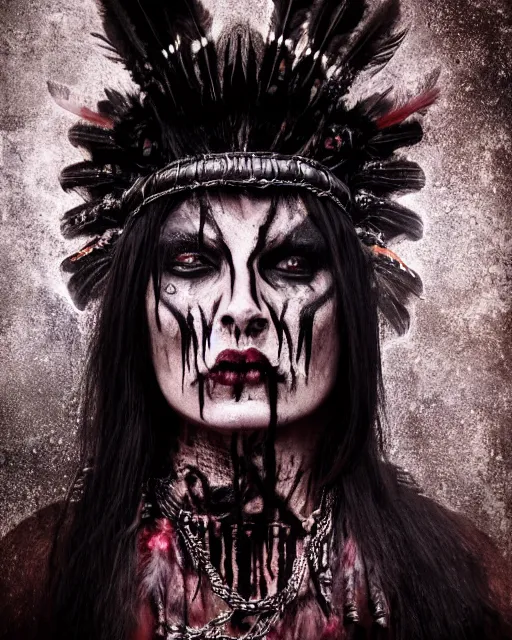 Image similar to lady native sisters ghost - spirit of the grim - warpaint wears the scarlet skull armor and native blood headdress feathers, midnight fog - mist!, dark oil painting colors, realism, cinematic lighting, various refining methods, micro macro autofocus, ultra definition, award winning photo, photograph by ghostwave - gammell - giger - shadowlord