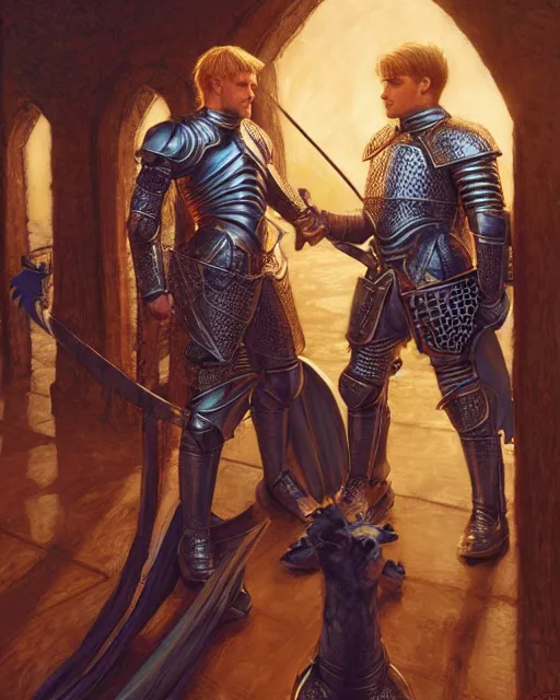 Image similar to attractive arthur pendragon confesses his love for his attractive male knight, highly detailed, very intricate, cinematic lighting, by donato giancola and rossdraws and magali villenueve, featured on artstation