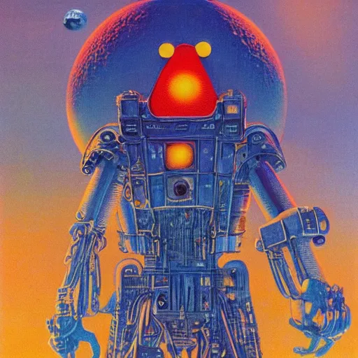 Image similar to elmo in the style of a 7 0 s science fiction novel cover, highly detailed, bruce pennington, peter jones