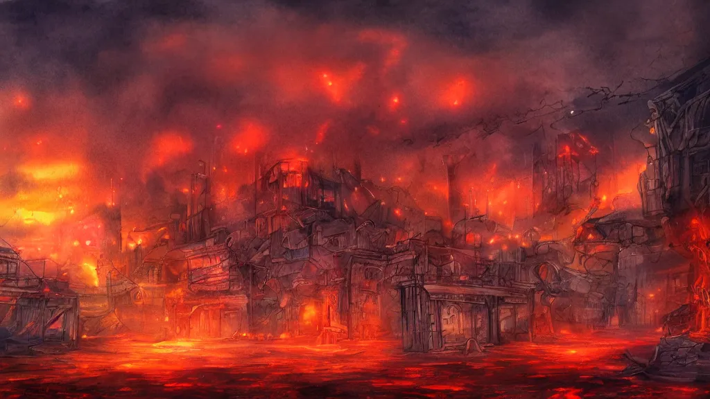 Prompt: a watercolor painting of an abandoned fiery city in hell, scary, bright, fantasy, smoke, fire, circular, digital art,