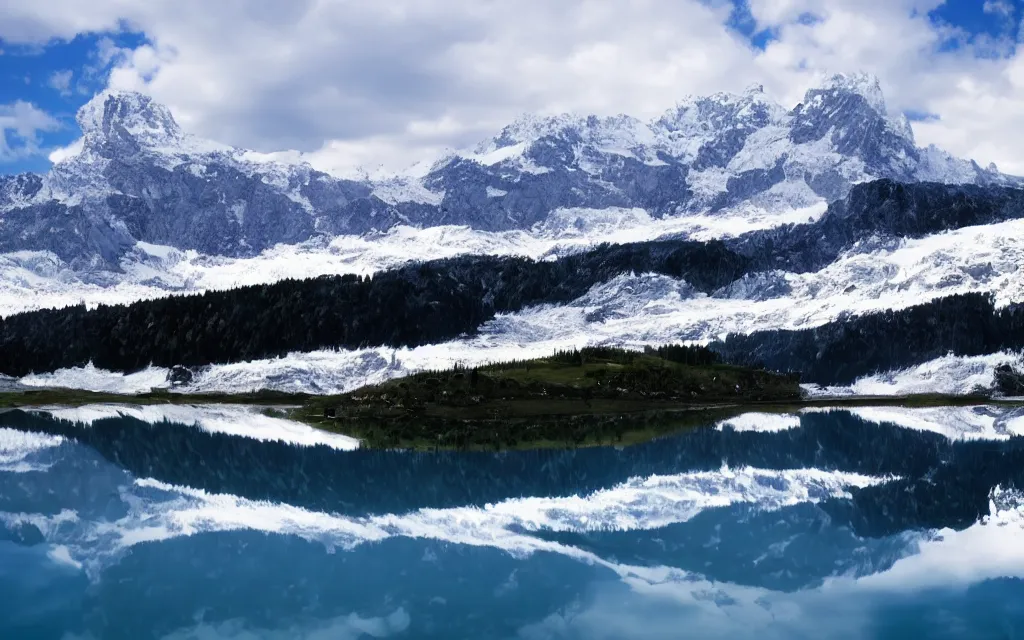 Image similar to the alps and reflection in a lake in the style of georgia o keefe