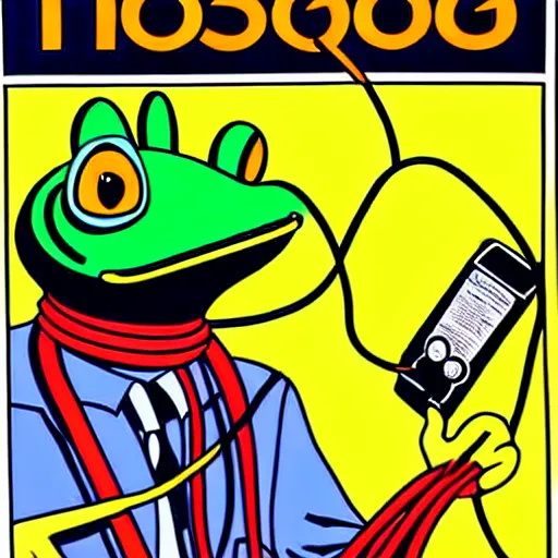 Prompt: A 1980s informational poster from a convention center displaying a frog man holding a mess of wires. a glass of scotch whiskey is on a nearby table. full body, highly detailed, sharp focus, HQ, post grunge, subtle colors.