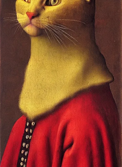 Image similar to red devil cat, Medieval painting by Jan van Eyck, Johannes Vermeer, Florence