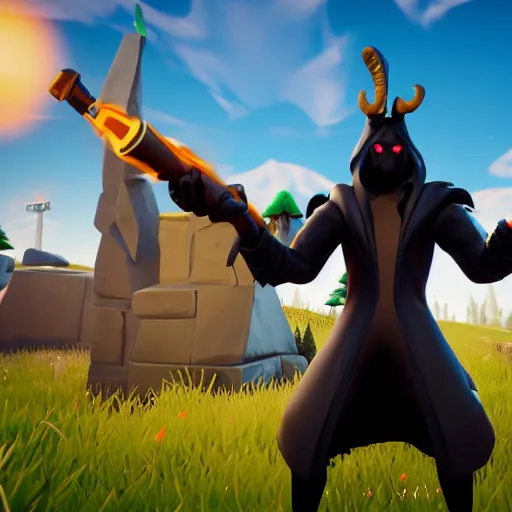 Image similar to an anthropomorphic black goat wizard in fortnite, black wizard robes, holding a gun, 3 d unreal engine render