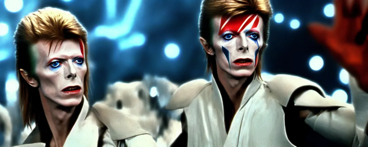 Prompt: a film still of David Bowie in Star Wars 1977 high quality .