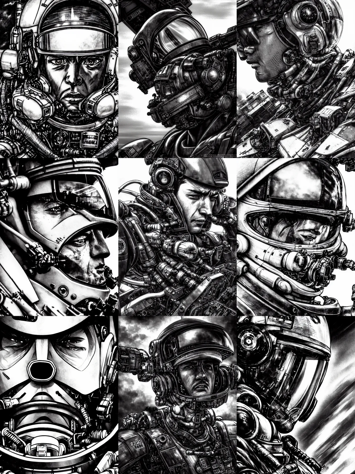 Prompt: close up picture of a pilot looking at the sky in mecha cockpit, angry, sad, rugged, black and white, highly detailed, detailed face, chiaroscuro, manga illustration, artgerm, greg rutkowski, takehiko inoue, shinji aramaki, light novel cover art