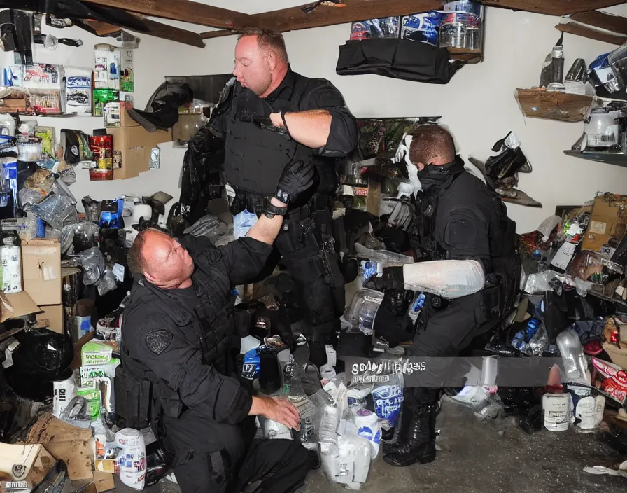 Image similar to Alex Jones in his garage office INFOWARS studio fighting a group of SWAT police, surrounded by boxes of herbal supplements and trash, tear gas and smoke, detailed photograph high quality