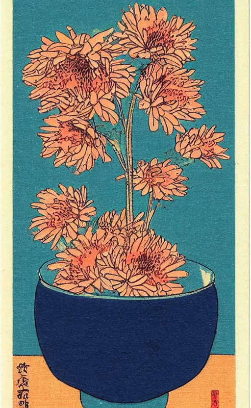 Prompt: by akio watanabe, manga art, a chrysanthemum flower inside a blue sake cup, cup is not vase, trading card front