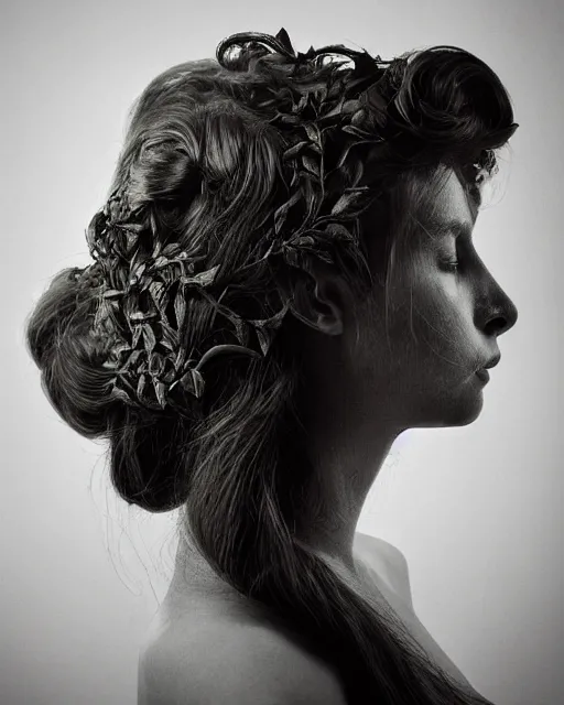 Image similar to a woman's face in profile, long hair made of intricate decorative ivy, in the style of the dutch masters and gregory crewdson, dark and moody