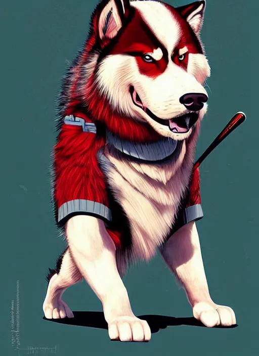 Image similar to commissioned full body portrait of a male anthro aslakan malamute with red fur playing baseball in a baseball stadium wearing a baseball uniform, by Kilian Eng, by Sandra Chevrier, trending on artstation