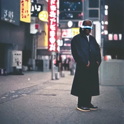 Image similar to old black man in tokyo at night, wearing ski goggles, cinestill 8 0 0,