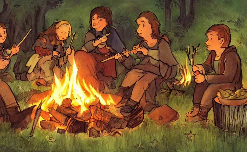 Image similar to childrens book illustration of the fellowship of the ring roasting marshmallows and making s'mores around a campfire