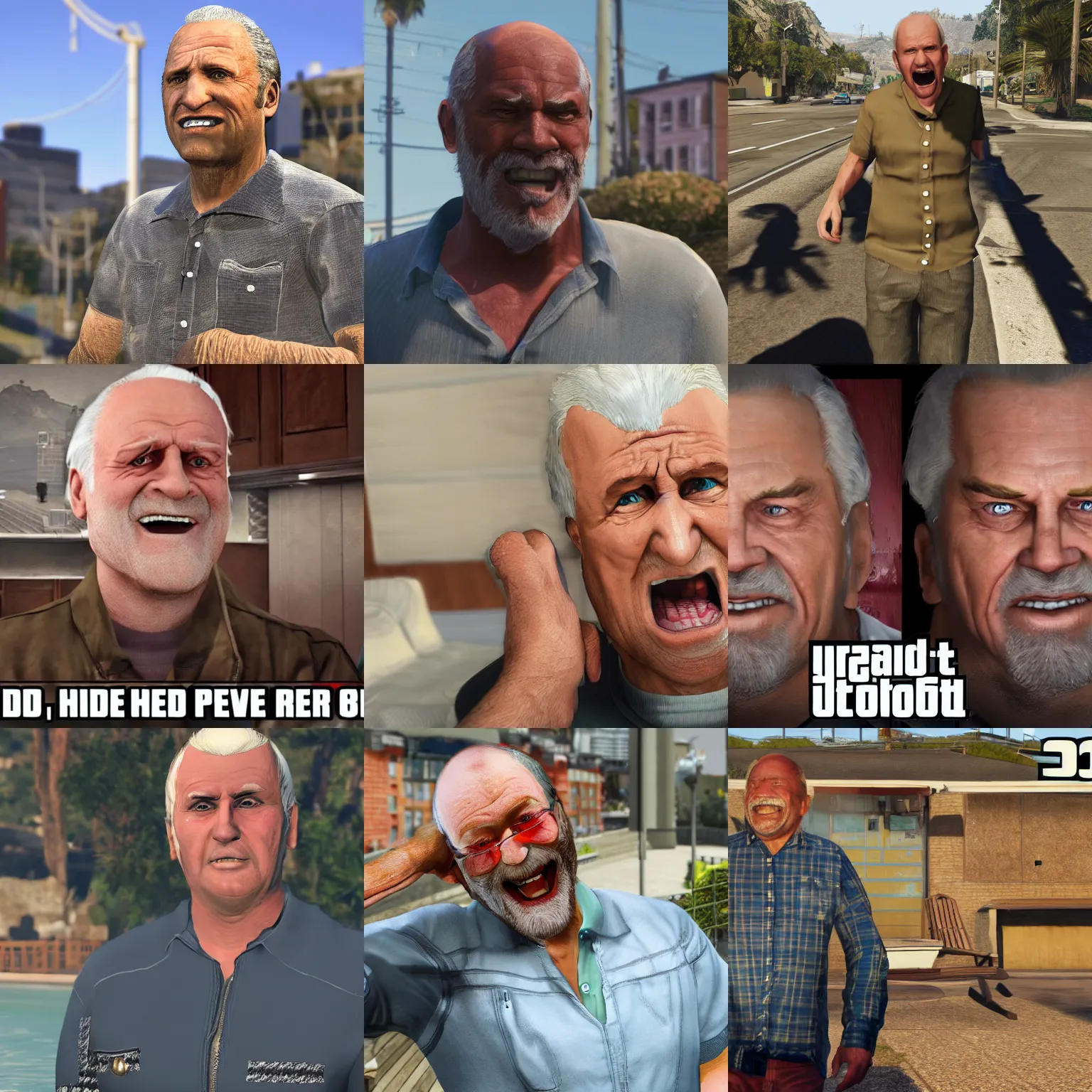 Prompt: hide the pain harold internet meme, stock photo in gta 5, detailed render, 8 k screenshot