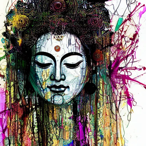 Prompt: contented female bodhisattva, praying meditating, portrait illustration by Carne Griffiths