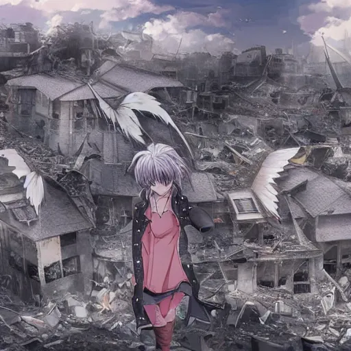 Prompt: hundreds sad angry anime girls with wings flying over destroyed city and homes, highly detailed