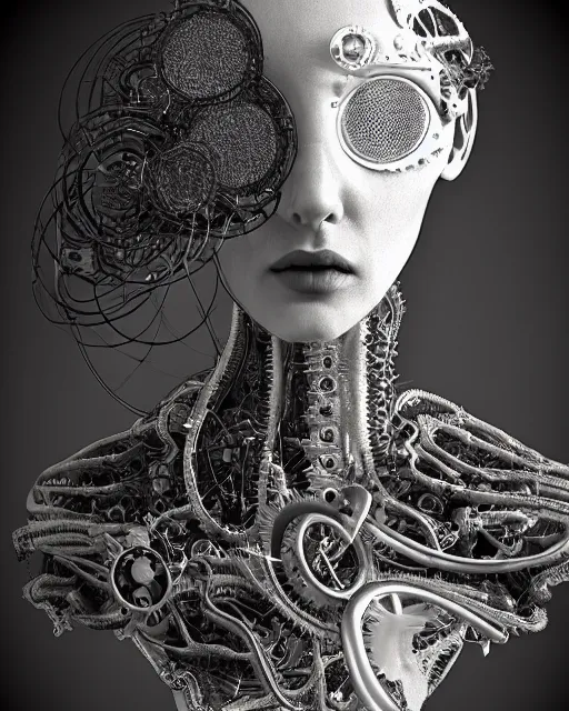 Image similar to black and white dreamy foggy smoky profile face portrait, one silver steampunk eye biomechanical beautiful young female cyclope - cyborg - robot bust, body ribs meshes,, volumetric light, hibiscus flowers, by hg giger, rim light, by dora maar and cecile beaton, big gothic fashion pearl embroidered collar, 8 k