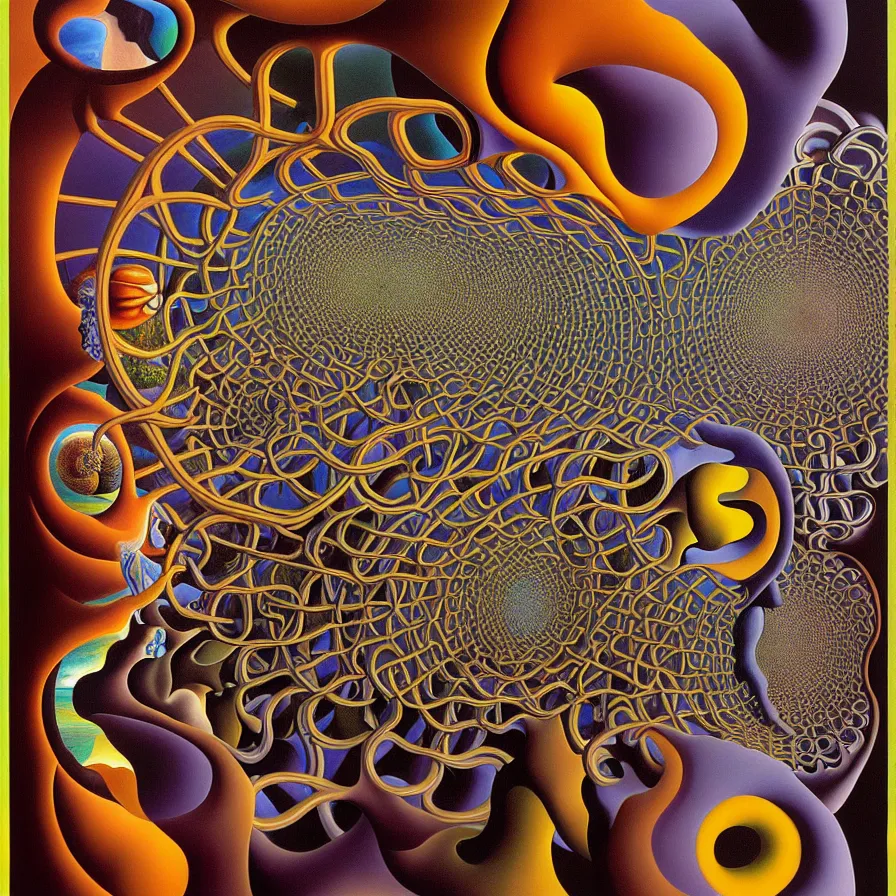 Image similar to strange loop of consciousness, recursion, fractals, surreal, by salvador dali and mc escher and alex grey, oil on canvas, weird, dreams, fantasy, intricate details, soft lighting, warm colors