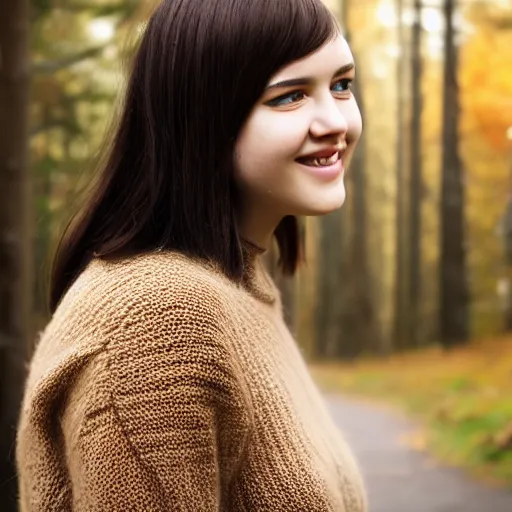 Prompt: real life photo of a beautiful girl, full body photoshoot, long black hair, full round face, short smile, brown sweater, forest setting, cinematic lightning, medium shot, mid - shot, highly detailed, trending on artstation, iso 2 0 0, f 1. 4, 8 0 mm, 8 5 mm, natural light