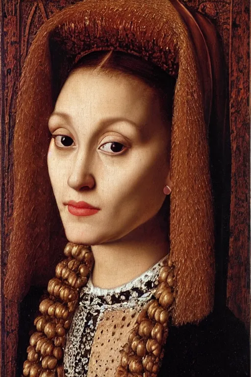 Image similar to portrait of ariana grande oil painting by jan van eyck, northern renaissance art, oil on canvas, wet - on - wet technique, realistic, expressive emotions, intricate textures, illusionistic detail