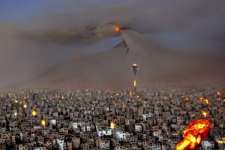 Image similar to Tehran is ruined. Aliens attacked Tehran. ruined buildings, apocalypse, Milad tower, fire, detailed, dramatic lighting, tragic