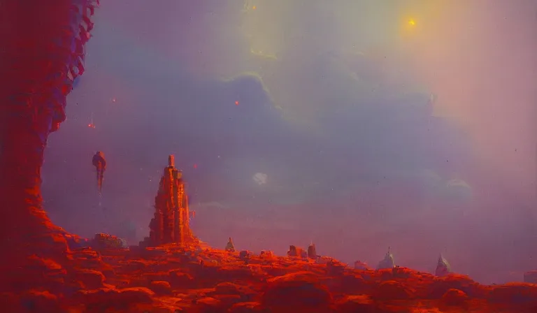 Prompt: A serene landscape with a singular building in the style of Paul Lehr.