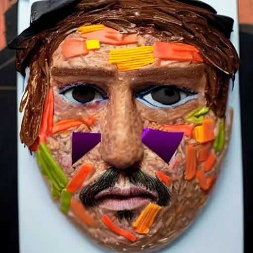 Prompt: johnny depp made out of jambalaya, a human face made out of a bowl of jambalaya