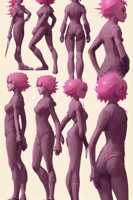 Prompt: character sheet for a pink haired female for hamcus impact by craig mullins, by studio ghibli, digital art, trending on artstation, hd, 8 k, highly detailed, good lighting, beautiful, masterpiece