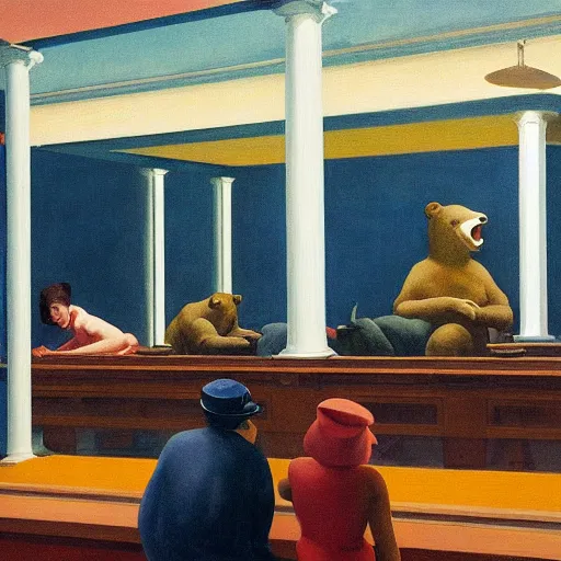 Image similar to painting, view from inside edward hopper's painting nighthawks, of a group of werebears inside a gallery, by magrirre, by neo rauch