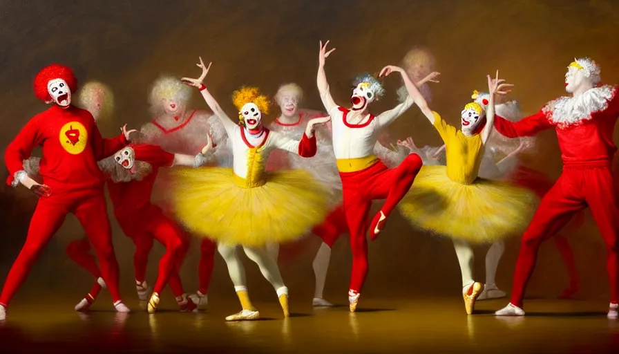 Prompt: highly detailed painting of a group of ronald mcdonalds with red afros, white facepaint, red noses and yellow tracksuits dancing at the ballet by william turner, by greg rutkowski, by william constable, thick brush strokes and visible paint layers, 4 k resolution