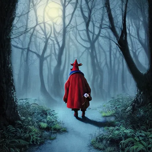 Prompt: portrait of the terrified Rincewind in the dark Forbidden Forrest, at night, full moon, blue tones, detailed, hyperrealistic, colorful, cinematic lighting, digital art by Paul Kidby