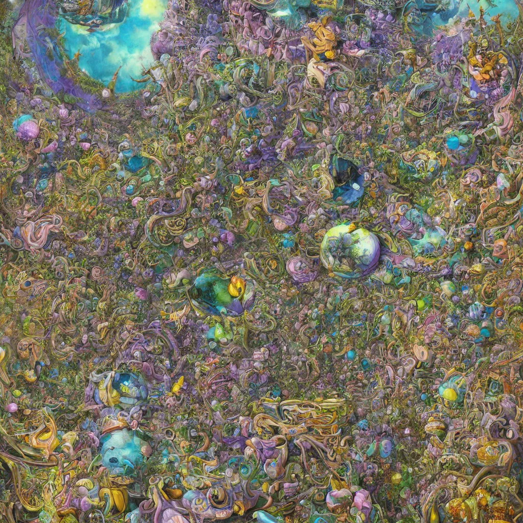 Image similar to wimmel bild by hannah yata, tiny fairy creatures in a huge city, looking down from above, drone perspective, digital art, surrealism,