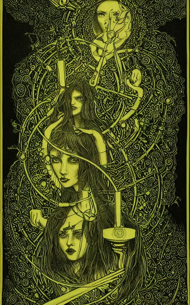 Image similar to tarot card of hecate the gloomy and beautiful goddess of witchcraft, torches, ancient keys, smokes, andrey remnev, black paper, etching, engraving, intricate line work, green line work details, mandelbulb fractal, portrait, trending on artstation, exquisite details, risography print, 4 k, 4 k