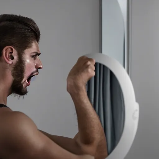 Prompt: professional photographic image of young angry man trying to fight to himself in the mirror, studio shot, dynamic lighting, high definition, highly detailed, photo-realistic, unreal engine render, 16k