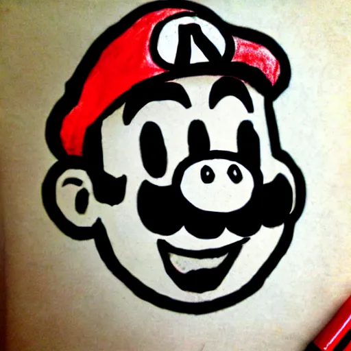 Image similar to child's drawing on mario from super mario brothers, crayon