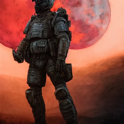 Image similar to photorealistic watercolor painting of an armored man standing before a veiny blood moon. hyperdetailed photorealism, 1 0 8 megapixels, amazing depth, high resolution, 3 d shading, 3 d finalrender, 3 d cinematic lighting, glowing rich colors, psychedelic overtones, artstation concept art.