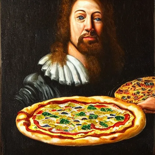 Prompt: a painting of a man in a rope with a pizza. 1 7 th century painting