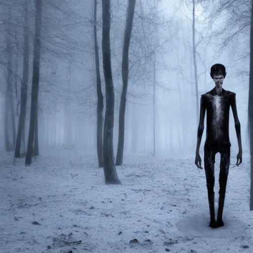 Image similar to horrifying digital art of a blood soaked skinwalker, lanky, skinny, pale skin, snow, forest, dark, horrifying