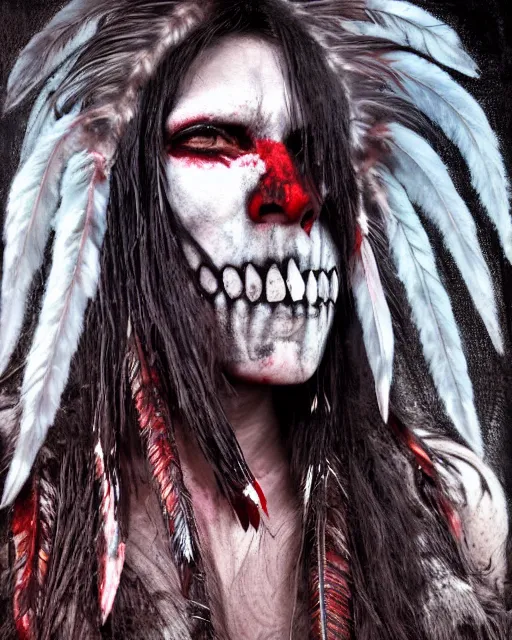 Image similar to wolf - human ghost - spirit of the grim - warpaint wears the scarlet skull armor and native blood headdress feathers, midnight fog - mist!, dark oil painting colors, realism, cinematic lighting, various refining methods, micro macro autofocus, ultra definition, award winning photo, photograph by ghostwave - gammell - giger - shadowlord