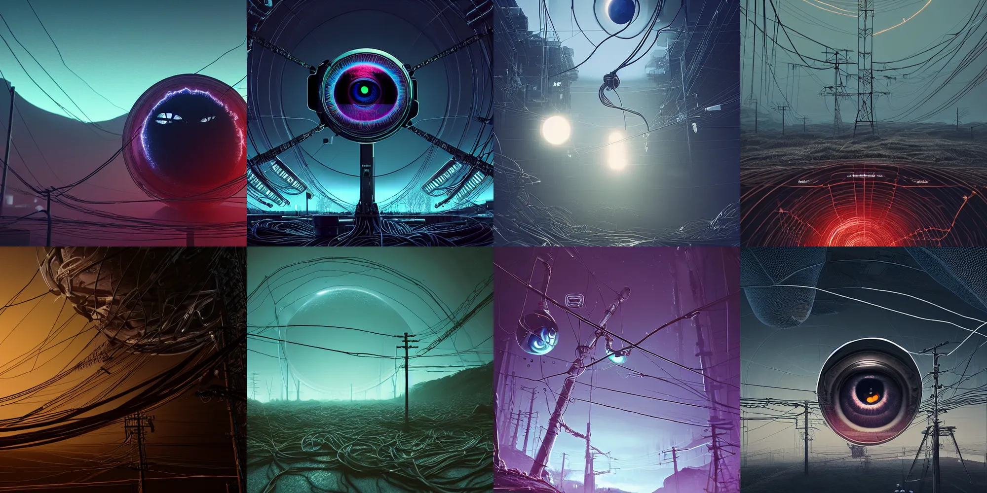 Prompt: beautiful dark landscape, giant highly detailed eyeball, cables and wires, beeple and Mike Winkelmann, intricate, epic lighting, cinematic composition, hyper realistic, 8k resolution, unreal engine 5,