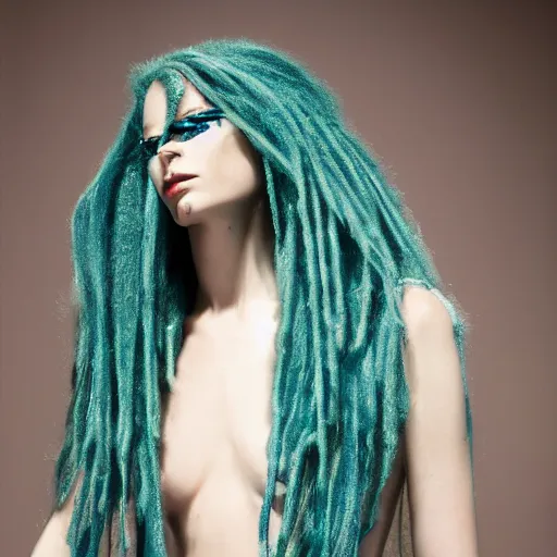 Image similar to haute couture, iris van herpen, mugler, techno mystic, inanna ashteroth with aqua neon rapunzel dreadlocks, nautical siren, princess intergalactica, gateway to futurisma