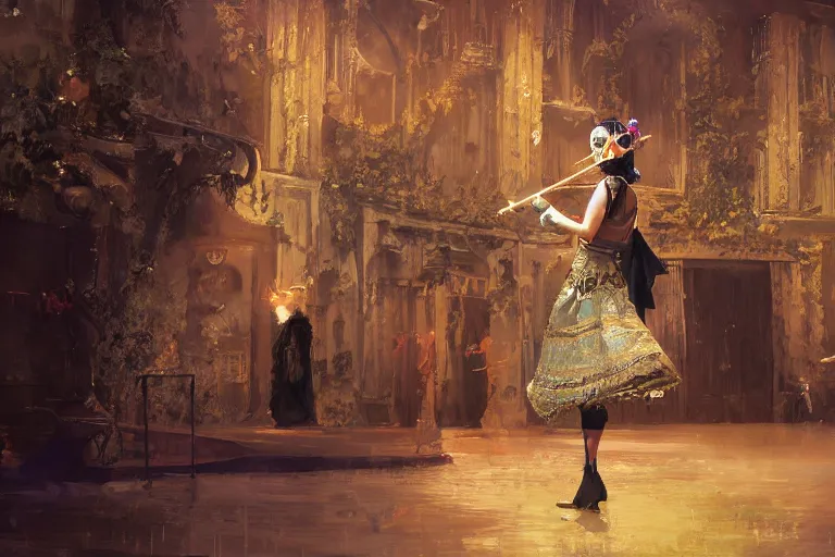 Image similar to craig mullins and ghibli digital art of on the stage of the theater, a masked female violinist performs alone, dressed in exotic costumes, gold jewelry, and black hair realistic shading, cinematic composition, realistic render, octane render, detailed textures, photorealistic, wide shot