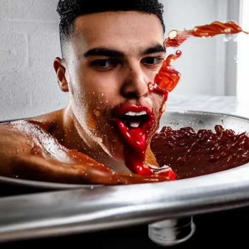 Image similar to young man vomiting ketchup into a sink 4k